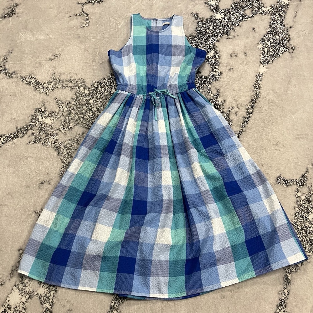 LOFT Petite Gingham Midi Dress Blue Plaid Sleeveless Tie Waist NWT XSP